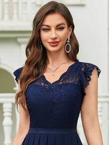 Elegant Lace Bodice V-Neck Scallop Sleeve Contrast Chiffon Pleated Hem Formal Evening Party Long Dress, Homecoming Dress, Wedding Guest Dress, Bridesmaid Dress, For Birthday, Graduation, Formal Events