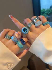 Set de 11 piezas de anillos apilables personalizados con cuentas y rhinestones, juego de joyas en tonos azules, regalo para mujeres, estudiantes, niñas, adecuado para uso diario, fiesta y viaje - 11 juegos KRMS11-12 - View 2