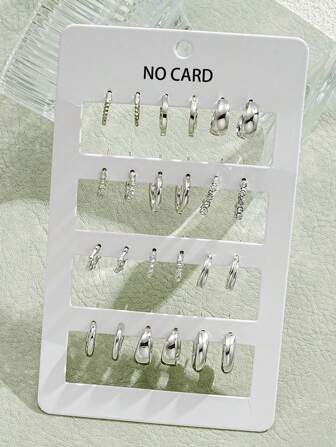 12 Pairs Vintage Style Alloy Open C Ring Geometric Textured Rhinestone Decoration Women Hoop Earrings Set, Holiday & Everyday Gift (No Card Included)