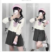 Sailor Uniform, Grey, High School Girl, Uniform, Cosplay, Cute, Authentic Uniform, Long Sleeves, 4-Piece Set, Embroidered Pattern, Bow, School Uniform, Girls' Uniform, Short Sleeves, JK, Halloween, Costume, Junior High School Student, School Uniform, Cultural Festival, School Festival, Graduation Ceremony