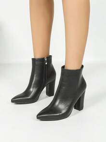 Women's Black Pointed Toe Minimalist Chunky Heel Ankle Boots, Elegant & Versatile For Evening, Heightens And Elongates Legs - Black - View 3