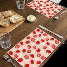 1/4/6 30x45cm Summer Strawberry Printed Linen Placemats, Durable Polyester Kitchen Placemats Suitable For Indoor/Outdoor Parties, Strawberry Themed Decoration, Machine Washable, Suitable For Table Decoration And Restaurant Decoration, Strawberry Themed Tableware, Can Be Used As Gifts.