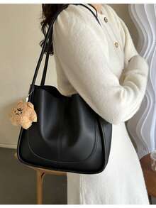 1pc Pu Material With Plush Star Pendant, Simple Solid Color Patchwork, 10 Capacity Women Tote Bag, Shoulder Bag, Handbag, Suitable For Ladies Daily Use, Business Travel, Multi-Functional Bag, Small Gift For Best Friends - Multicolor - View 6