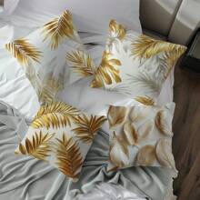 [2D Flachdruck] 4 Stücke goldene 3D Federn Blatt Bedruckte Kissenbezüge [Kissenfüllung nicht enthalten], 17.7*17.7in(45*45cm), [Einseitiger Muster] Moderne einfache Polyester Kissenbezüge für Sofa, Bett, Wohnzimmer, Schlafzimmer, Auto, Büro, Hotel Dekoration, Geeignet für alle Jahreszeiten, perfektes Geschenk für Familie und Freunde