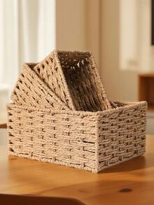 1pc/3pcs Desktop Storage Box, Handmade Rattan Woven Organizer Tray For Cosmetics, Keys, Snacks, Home Living Room, Bedroom, Study, Office, S/M/L Sizes Available,For Back To School - Khaki - View 3