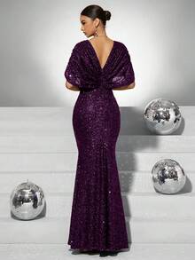 Fuaheng 优雅荷叶袖亮片V领女士正式晚礼服，适合婚礼、春季派对等场合 - 紫色 - 查看 2