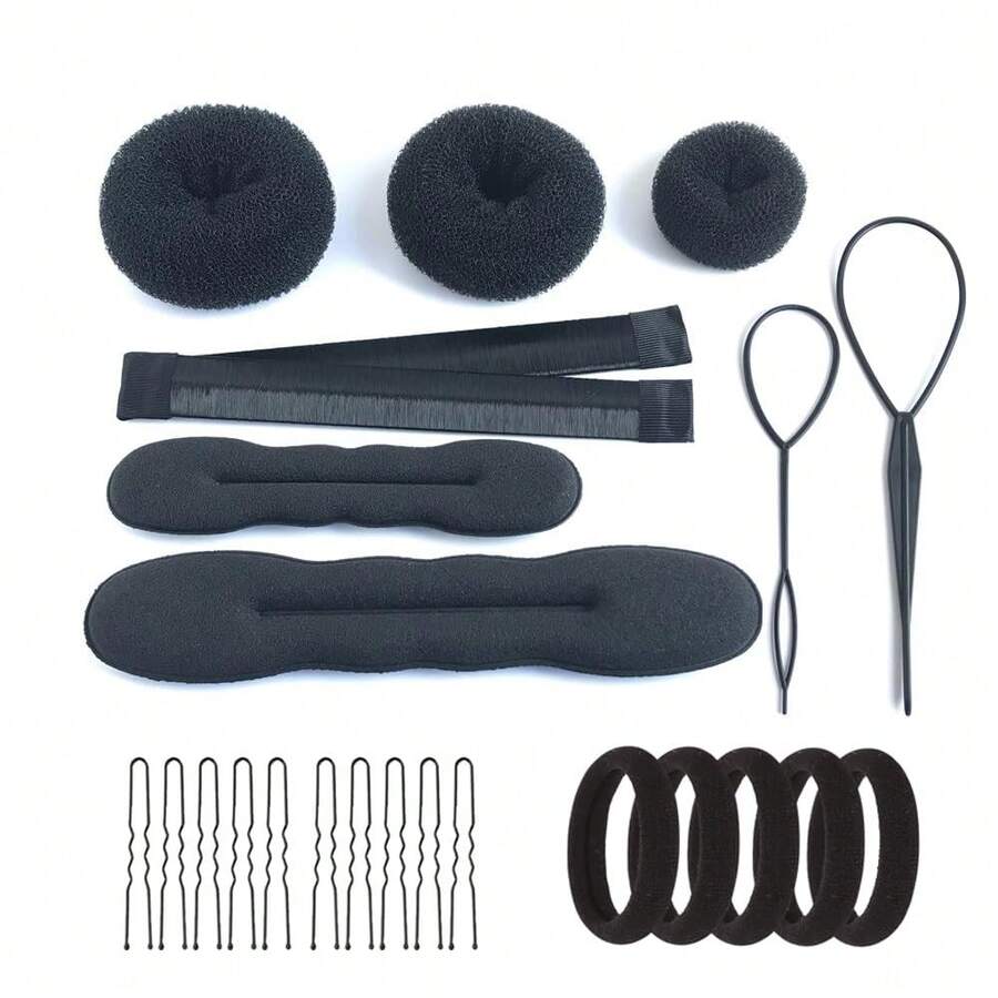 IFlyMars Hair Accessories Set: 3 Donut Bun Makers, 2 Foam Sponge Shapers, 1 French Twist Clip, 2 Snap Buns, 10 Elastics, 20 Pins (Black) - Black - View 1