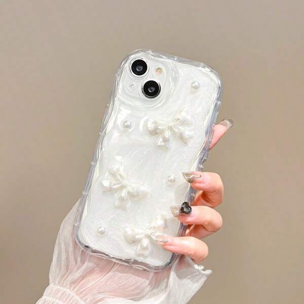 Funda protectora de teléfono con marco ondulado a prueba de golpes, perla blanca lechosa y lazo en resina epóxica suave para 16/16Pro/16Pro/16ProMax/15/14/13/12/11/XS/XR/Pro Max/Pro/Plus