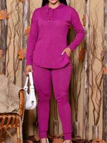 Women's Cold Weather Set Lanzinha Blouse Long Sleeve Trousers Winter - Màu Hoa hồng đỏ - Xem 2