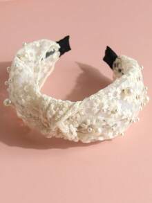 1 件米色珍珠蕾丝蝴蝶结头带，适合日常生活或度假