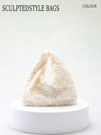 SCULPTEDSTYLE BAGS 1 件优质闪亮亮片法棍包，扭纹褶饰简约华丽设计，女士正式场合手拿包，适合派对、宴会、舞会