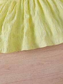 2 件套女婴休闲时尚黄色双层盖袖连衣裙白色蕾丝下摆短裤套装带蝴蝶结装饰口袋和迷你包，夏季 - 黃色 - 查看 6