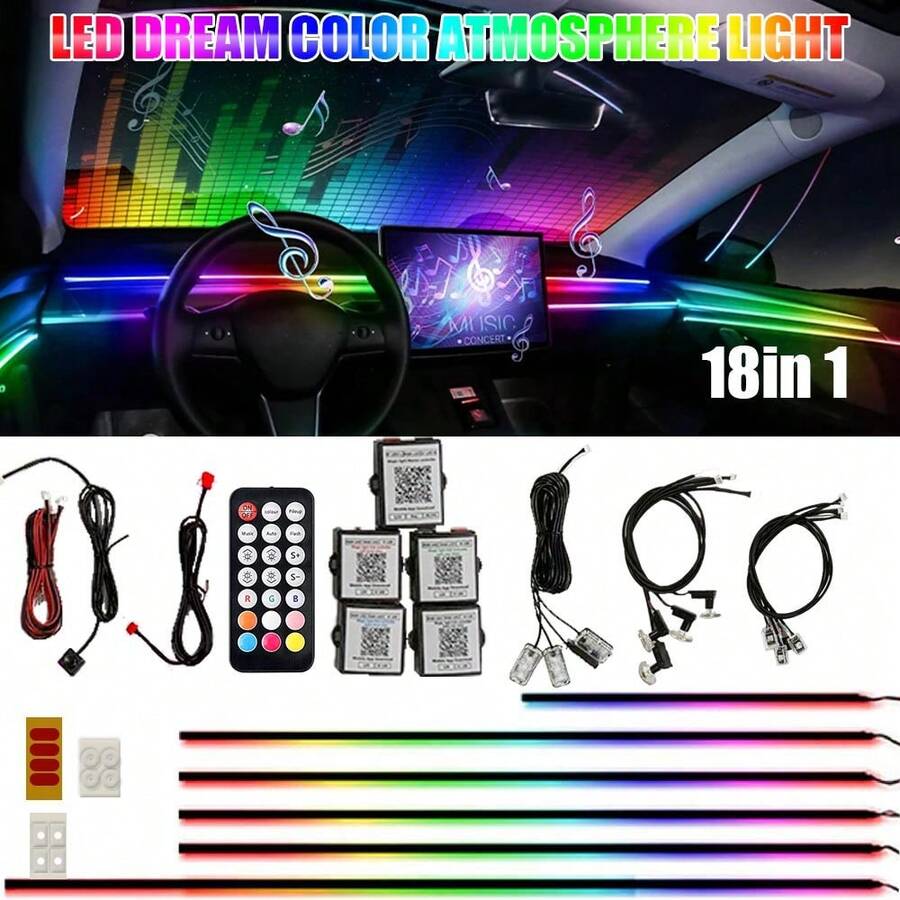 6/10/14/18/22 In 1 Car Interior Symphony RGB LED Ambient Light Stripes Atmosphere Lighting DIY Acrylic Guide Fiber Optic Light Music Sync APP/Remote Control - 18 In 1 Kit - View 1