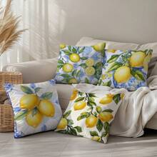 4 pièces Set de housse de coussin thème citron bleu d'été, imprimé sur un seul côté en velours pêche, 45*45CM/18*18 pouces, pour la décoration d'un canapé moderne, la décoration de fête, un cadeau