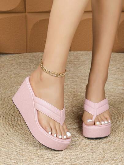 Women's Platform Wedge Sandals, New Spring/Summer Round Toe Thong Slippers, Textured Thick Sole Casual Vacation Shoes, Versatile Plus Size, Pink Wedge Sandals, Elegant Pink Party Shoes,Flip Flops