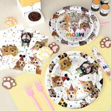 Conjunto de vajilla desechable para fiesta de cumpleaños de perro y gato de 10 piezas/20 piezas, juego de vajilla desechable con temática animal que incluye platos, servilletas, tenedores, apto para fiestas de cumpleaños, picnics al aire libre, reuniones familiares - Multicolor - Ver 6