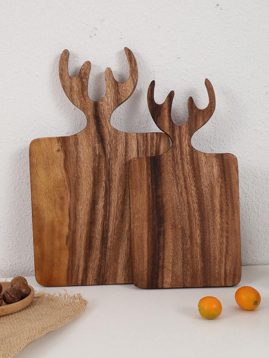2pcs/1pc Teak Deer Antler Shaped Chopping Board, Bread Board, Vegetable Cutting Board, Fruit Cutting Board, Serving Tray - Brown - View 1