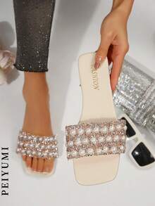 PEIYUMI 新款女士星星水钻凉鞋优雅拖鞋时尚烫花休闲沙滩透明 H 型拖鞋 - 米色 - 查看 2