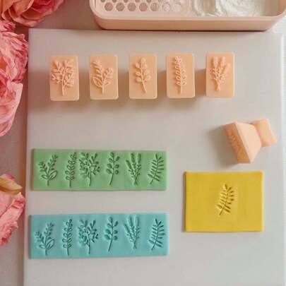 6Pcs/Set Spring Series Leaf And Flower Shaped Stamp With Handle, Easy To Use, Fondant Molds Set, Polymer Clay Stamp Tools Kit, Plastic Material, With DIY Jewelry Pendant Crafting For Clay Art