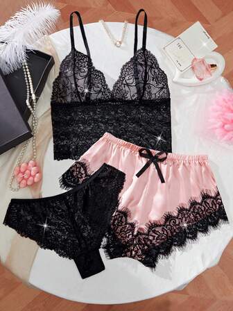 三件套情人节礼盒：花卉蕾丝性感内衣套装，蝴蝶结系带文胸和内裤，搭配缎面三角裤，舒适家居服，诱惑睡衣套装