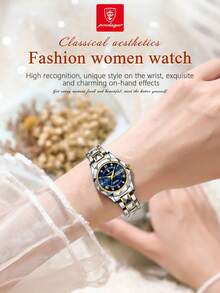 POEDAGAR 1件装女士奢华不锈钢防水夜光日期星期石英表，优雅女士腕表，适合日常佩戴和节日礼物 - 藍色 - 查看 8