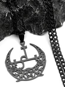 Wicca Triple Moon Crescent Pentagram Pedant Necklace For Women Men Stainless Steel Gold Color Satan Lilith Demon Seal