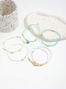 6pcs Handmade Beaded Anklets With Seashells, Starfish And Pearl Pendants, Bohemian Beach Jewelry Set