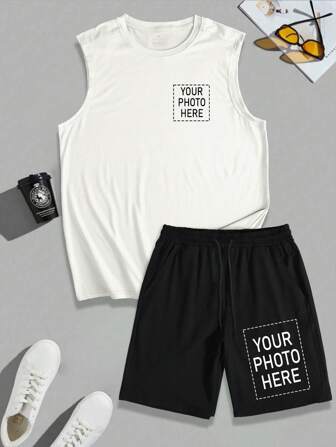2pcs Casual Suit For Men, Custom Vest & Drawstring Shorts