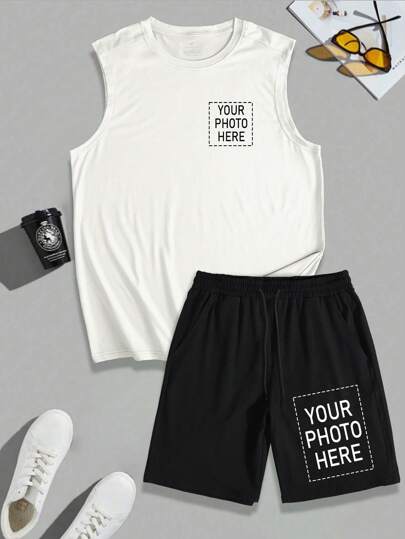 2pcs Casual Suit For Men, Custom Vest & Drawstring Shorts