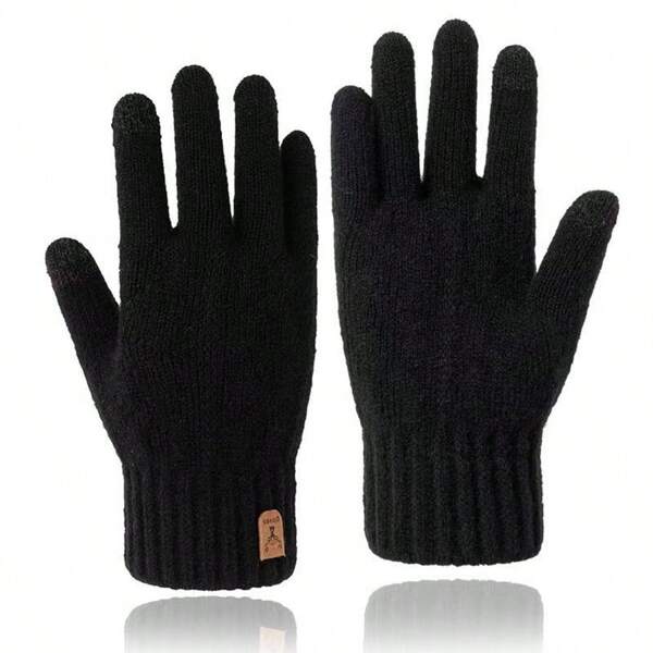 1 paire de gants noirs d'hiver épais pour femmes avec étiquette , tricotés, chauds par temps froid, gants mode pour tous les doigts pour femmes, conviennent pour les soirées, la conduite, les jeux, le cyclisme