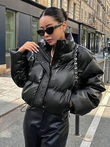 Women's Quilted Leather Puffer Jacket - Black - View 5