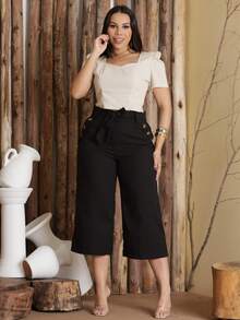Women's Pantacourt Linen High Waist Trousers With Bow And Pockets - Black - View 3