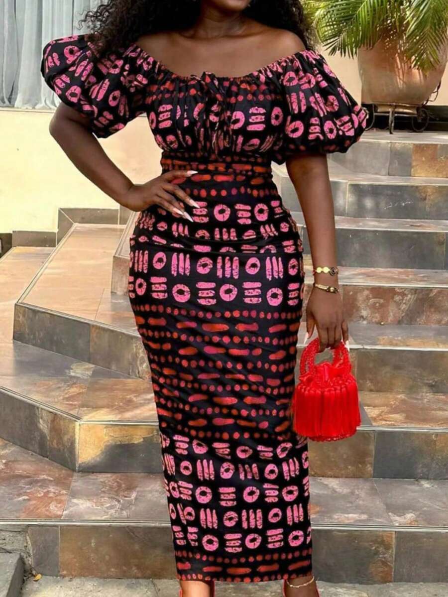 夏季露肩泡泡袖复古印花针织修身露背开叉连衣裙