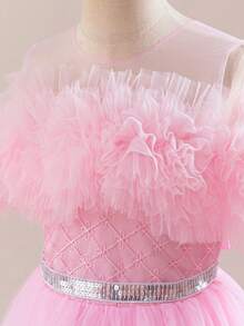Girls Princess Long Dress Sweet Pink High-End Holiday Party Piano Recital Lace Patchwork Sequin Decor Lovely Tulle Cake Skirt Sleeveless Vest Tulle Net Dress For Dance Birthday Party Performance Maxi Gown - Pink - View 5