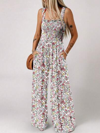 Acelitt Bohemian Style Printed Square Neck Tie Waist Wide Leg Jumpsuit, Summer