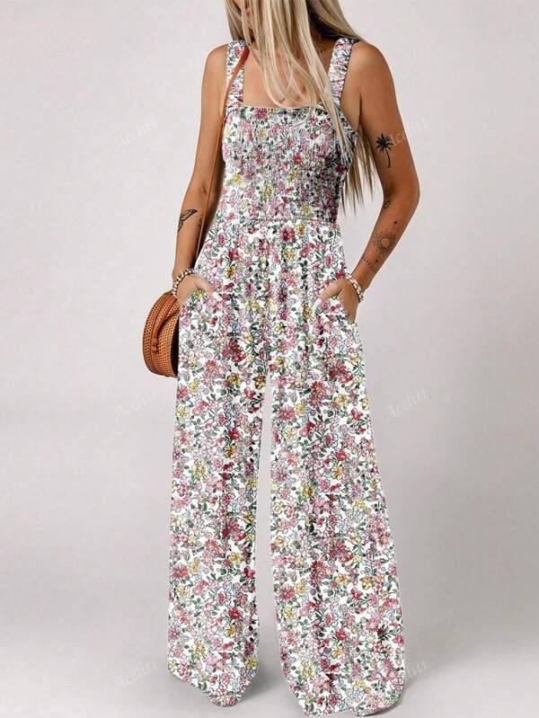 Acelitt Sommerlicher Jumpsuit mit böhmischem Blumen Muster, quadratischem Ausschnitt, Kabelbindern und weitem Bein und Hosenträgern