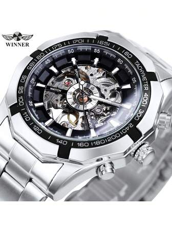 T-WINNER 1pc Fashion Skeleton Automatic Mechanical Watch For Men Luminous Hands Silver Stainless Steel Strap Business Classic Men Watches Top Brand Luxury Wristwatches