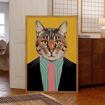 1PC Modern Yellow Funny Cat Suit Dancing Glasses Cool Animal Wall Art Prints Canvas Painting Poster Picture Living Room Home Decor Graduation Optional Frame