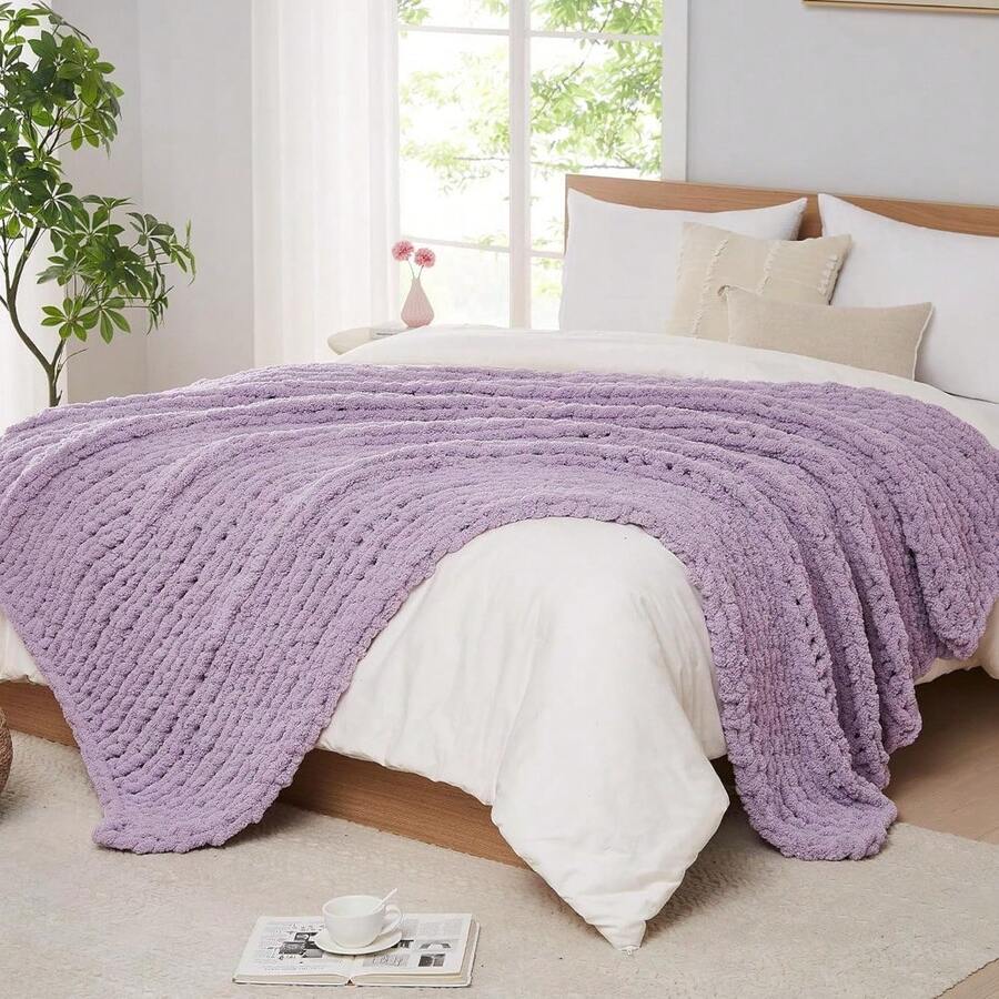 Chunky Knit Blanket - Soft Chenille Yarn Throws 40x50: Handmade Thick Cable Crochet Blanket - Large Chunky Yarn Rope Knot Throw For Couch, Sofa, Bed Home Decor - 紫色 - 查看 1
