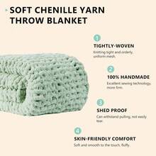 Chunky Knit Blanket - Soft Chenille Yarn Throws 40x50: Handmade Thick Cable Crochet Blanket - Large Chunky Yarn Rope Knot Throw For Couch, Sofa, Bed Home Decor - 乳綠色 - 查看 2