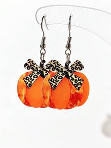 1 Pair Charming Leopard Bow Ribbon & Pumpkin Acrylic Drop Earrings, Perfect Thanksgiving Gift, Cute Holiday Style For Daily Wear, Women