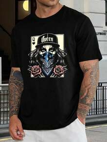 Camiseta de gánster reina, camiseta gráfica con cartas de rosas atrevidas para mujer y hombre - Estilo chola, ropa urbana de moda, regalo - Negro - Ver 1