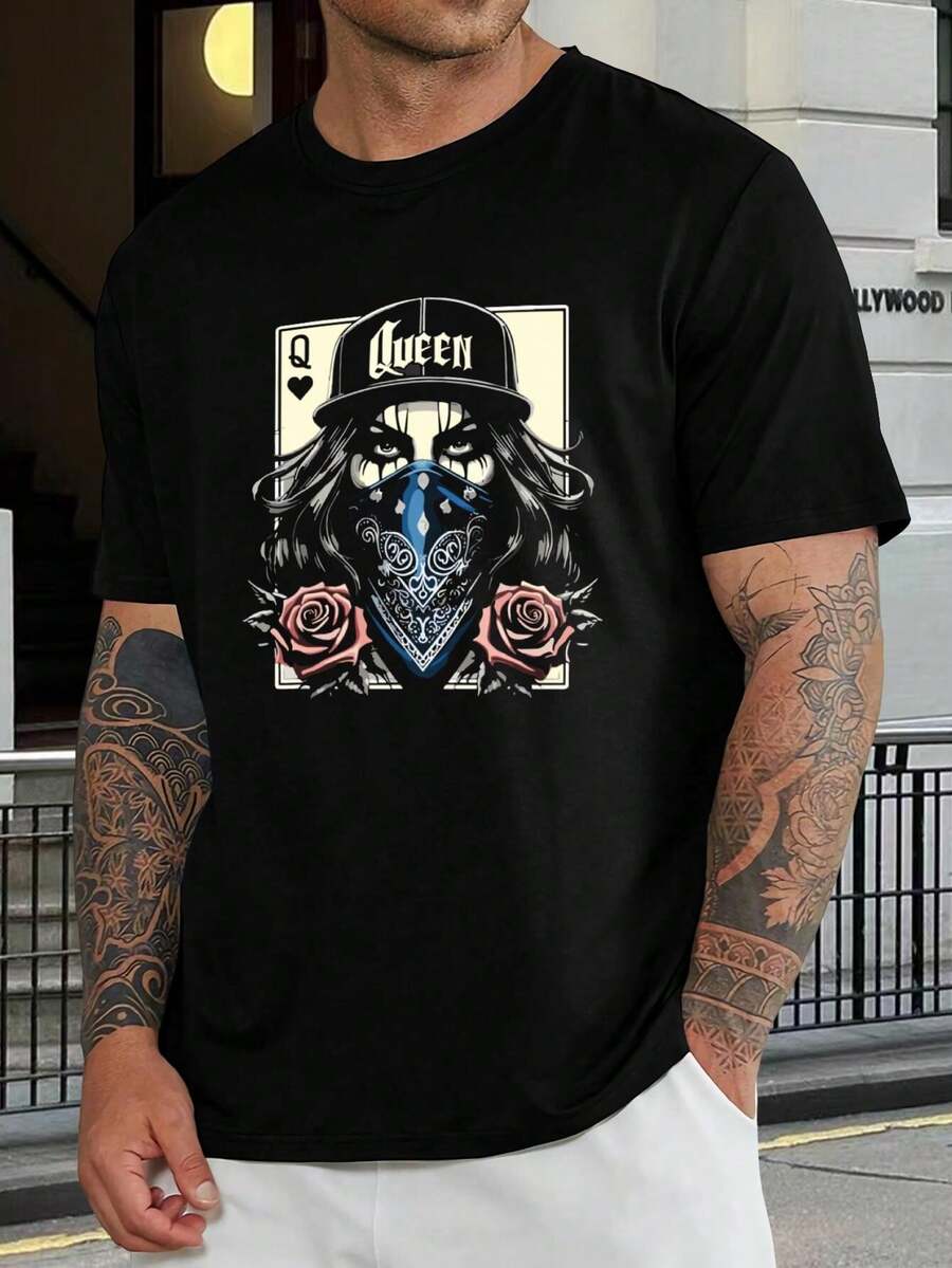 Camiseta de gánster reina, camiseta gráfica con cartas de rosas atrevidas para mujer y hombre - Estilo chola, ropa urbana de moda, regalo - Negro - Ver 1