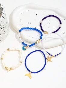 Bộ 5 chiếc vòng tay vỏ sò tự nhiên đính hạt ngọc trai mùa hè Ocean Elements, Mặt dây chuyền vỏ sò sao biển bãi biển/khu nghỉ dưỡng Vòng tay co giãn Bohemian - Xanh đậm - Xem 3