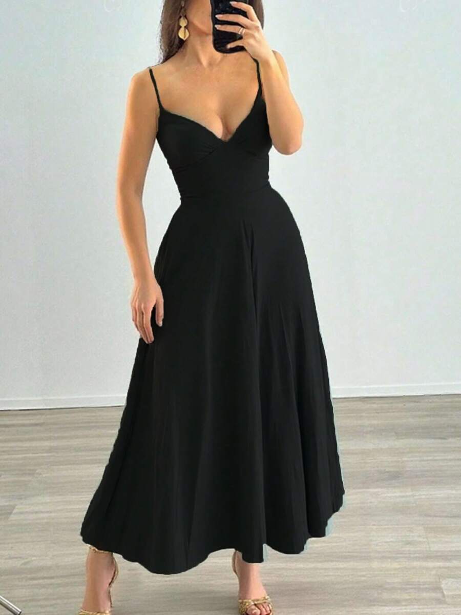 Váy ngủ hở lưng màu trơn thanh lịch gợi cảm cho nữ, dây chéo, thường ngày đi nghỉ, mùa xuân/hè/thu/mọi mùa - màu đen - Xem 1