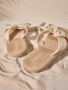 Tropiscape Women's Fashion Shoes, Beige Color With Bowknot, Summer Style Straw Woven Flat Sandals, Casual Beach Slippers With Jute Sole Vacay Vibes Vacation Relax Beach Autumn Winter Gifts - Beige - View 2