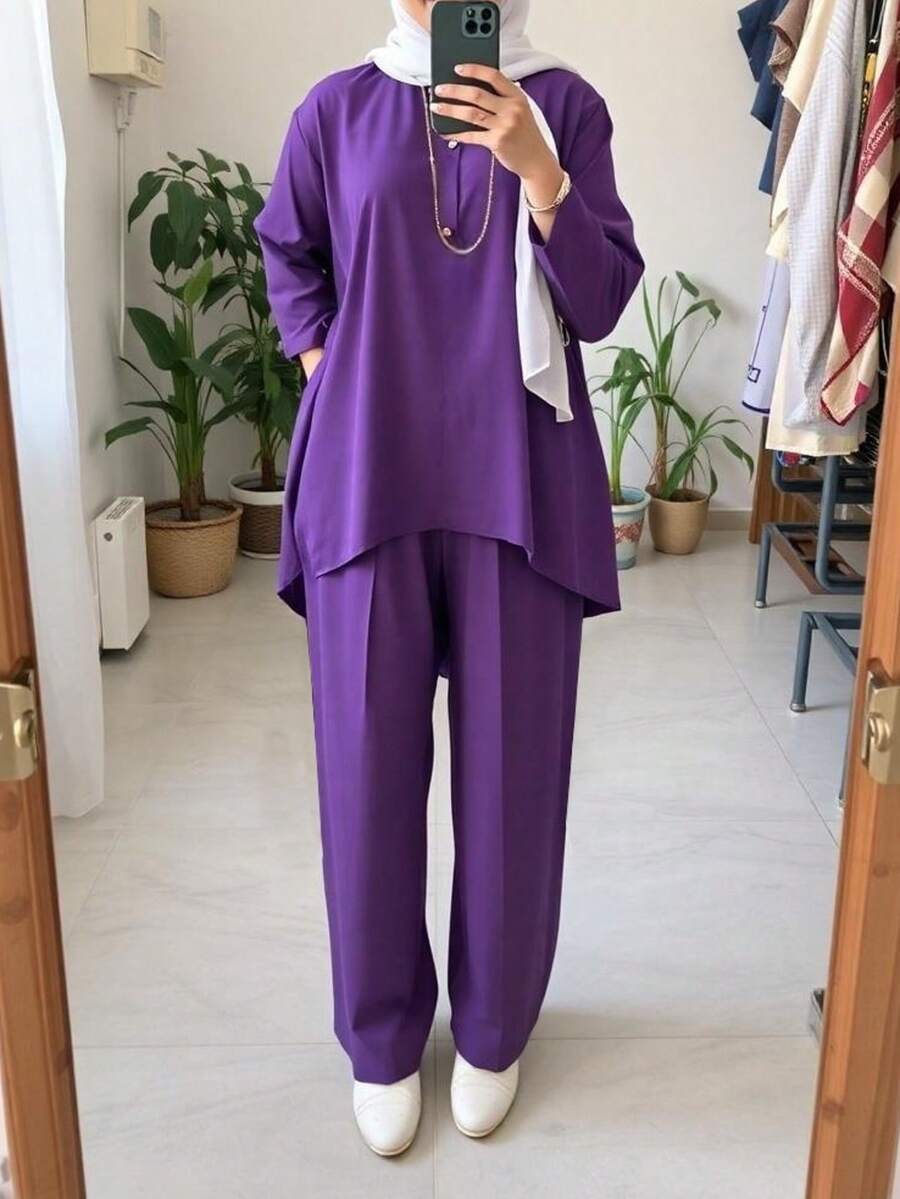 Women's Casual Loose Fitting Tracksuit Set - Purple - View 1