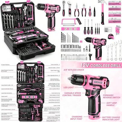 Pink Tool Kit Box Drill SetDEKO Home Mechanic Toolbox With 12V Power Cordl Drill Hand Repair Tools Sets Combo Kits Storage Organizer Drawer Case For Women