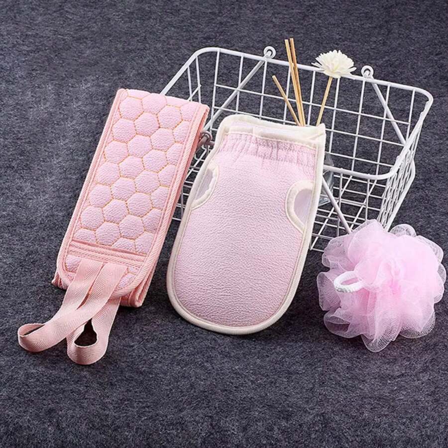 3 Piece Kit Bath Accessories Shower Glove And Exfoliating Band Body Cleaning Sponge Soft Nylon Loofah Esupuma - 粉色 - 查看 1