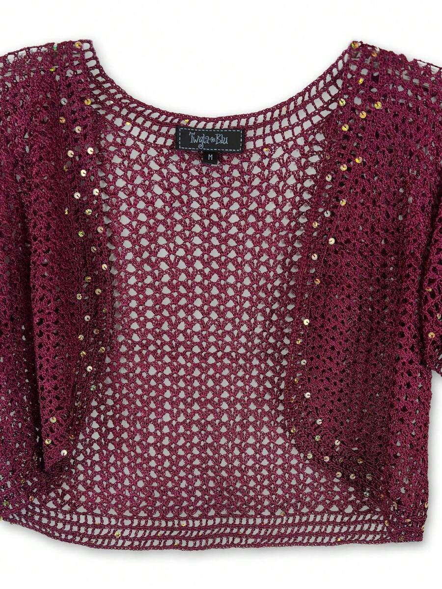 WOMEN'S CROCHET KNIT SHRUG WITH SEQUIN TRIM - QUẢ MỌNG - Xem 1